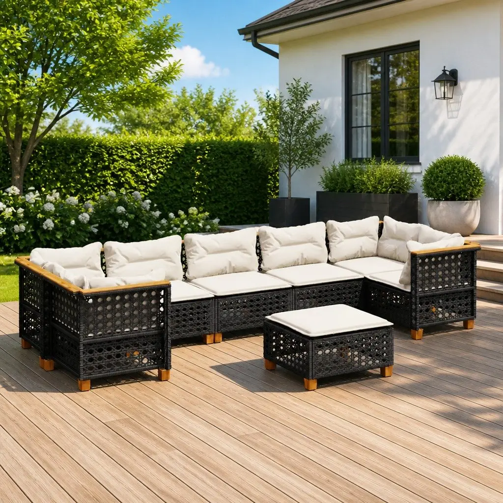 Garden Sofa Set 8 Piece Outdoor Furniture with Cushions Black Rattan Patio