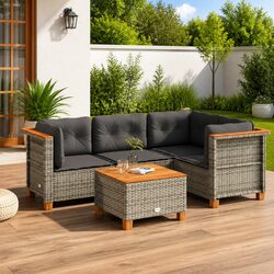 5 Piece Garden Sofa Set with Cushions Grey Outdoor Patio Furniture Rattan