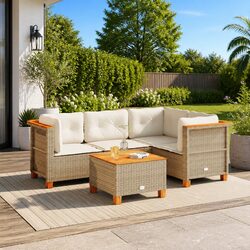 5 Piece Outdoor Modular Sofa Set with Beige Rattan Cushions