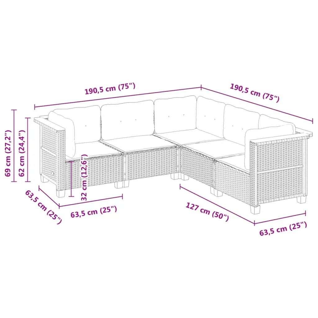 5 Piece Outdoor Garden Sofa Set Black Poly Rattan Furniture with Cushions Patio