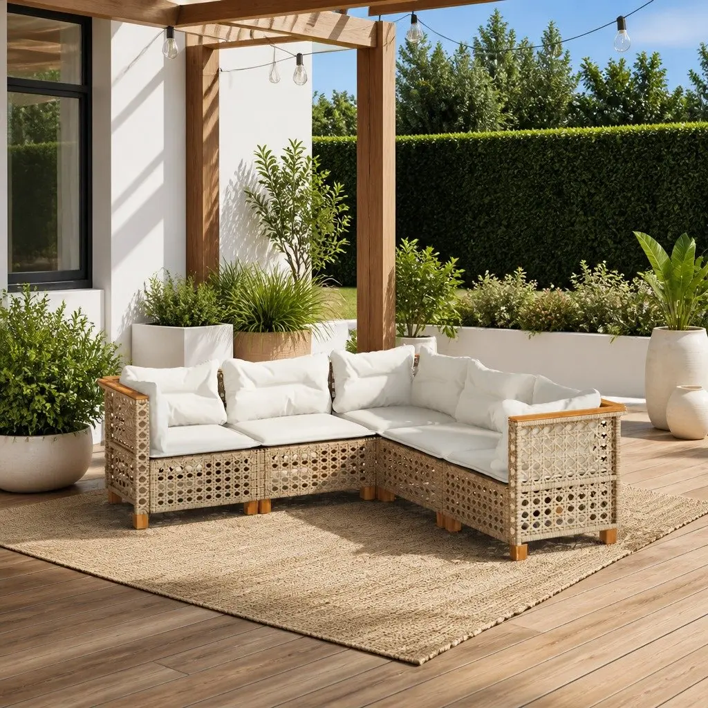 Outdoor Garden Sofa Set 5 Piece Patio Furniture with Cushions Beige Rattan