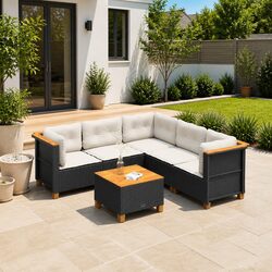 6 Piece Outdoor Garden Sofa Set with Cushions Black Poly Rattan Furniture