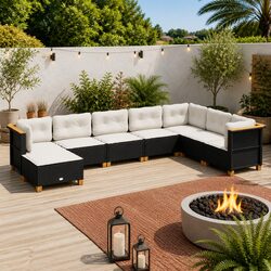 Garden Sofa Set 8 Piece Outdoor Furniture Black Poly Rattan Modular Cushioned