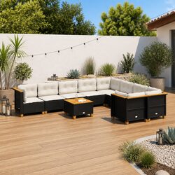 10 Piece Outdoor Garden Sofa Set with Cushions Black Poly Rattan Patio Furniture