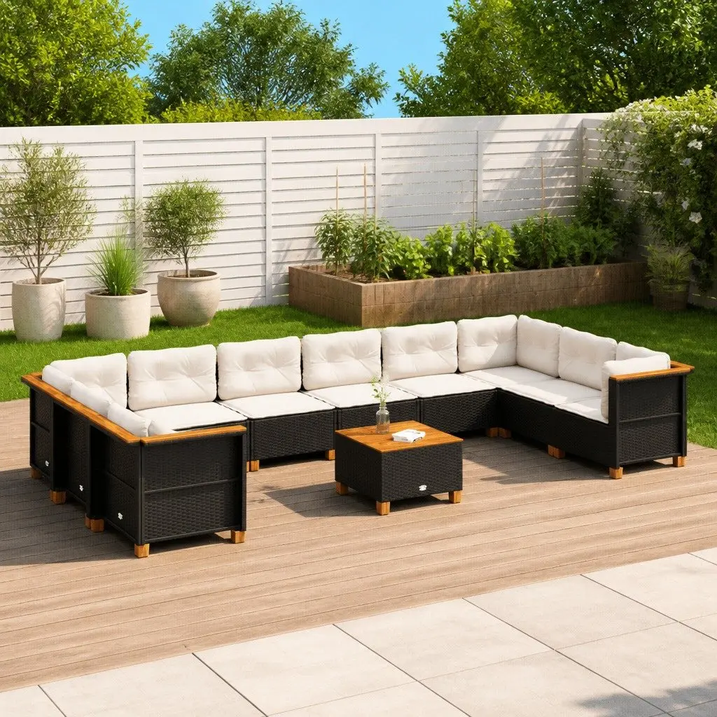 Outdoor Garden Sofa Set 11 Piece Poly Rattan Furniture with Cushions Black Patio