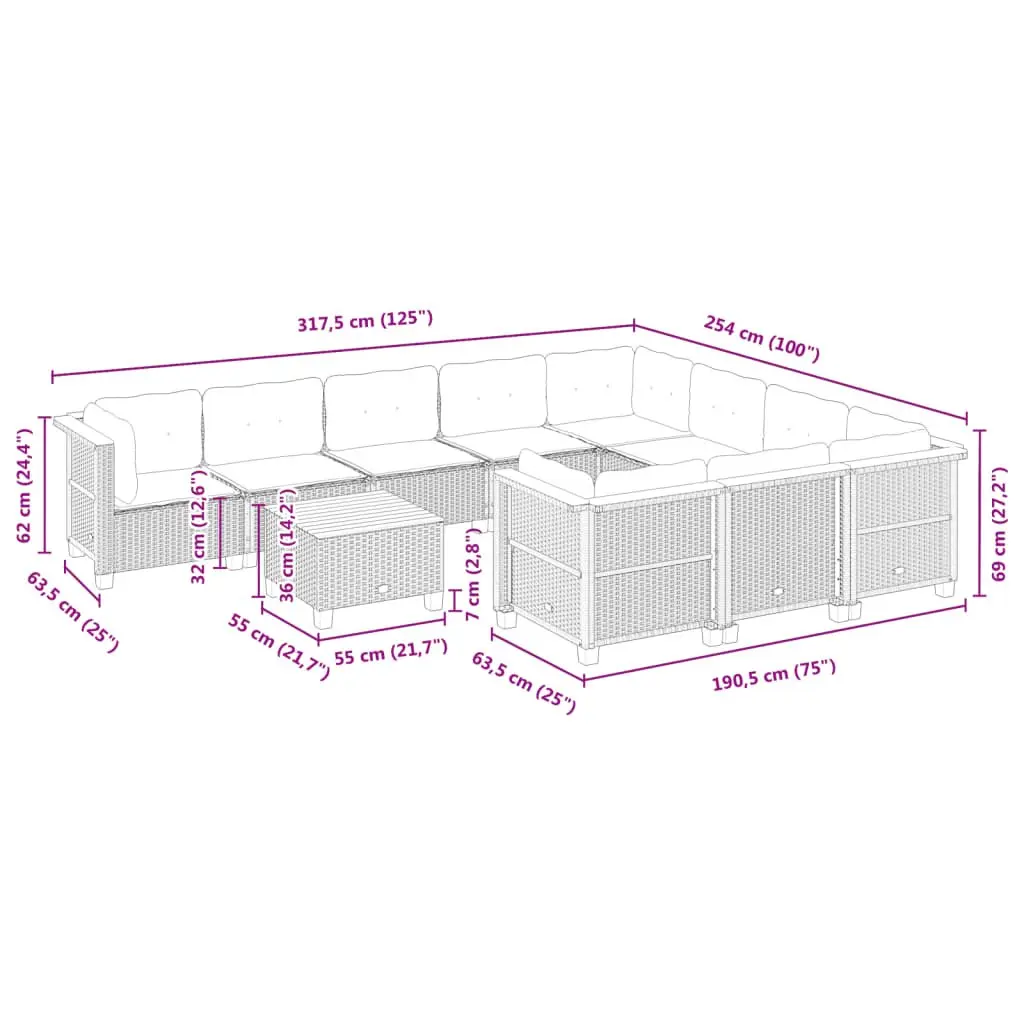 Outdoor Garden Sofa Set 11 Piece Black Modular PE Rattan Furniture with Cushions and Acacia Wood Table