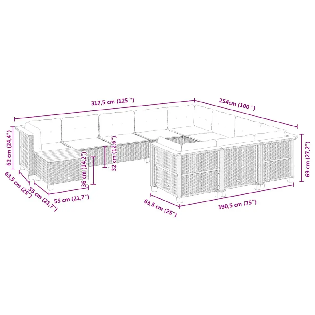 Garden Sofa Set 11 Piece Grey Outdoor Furniture Modular Patio Seating with