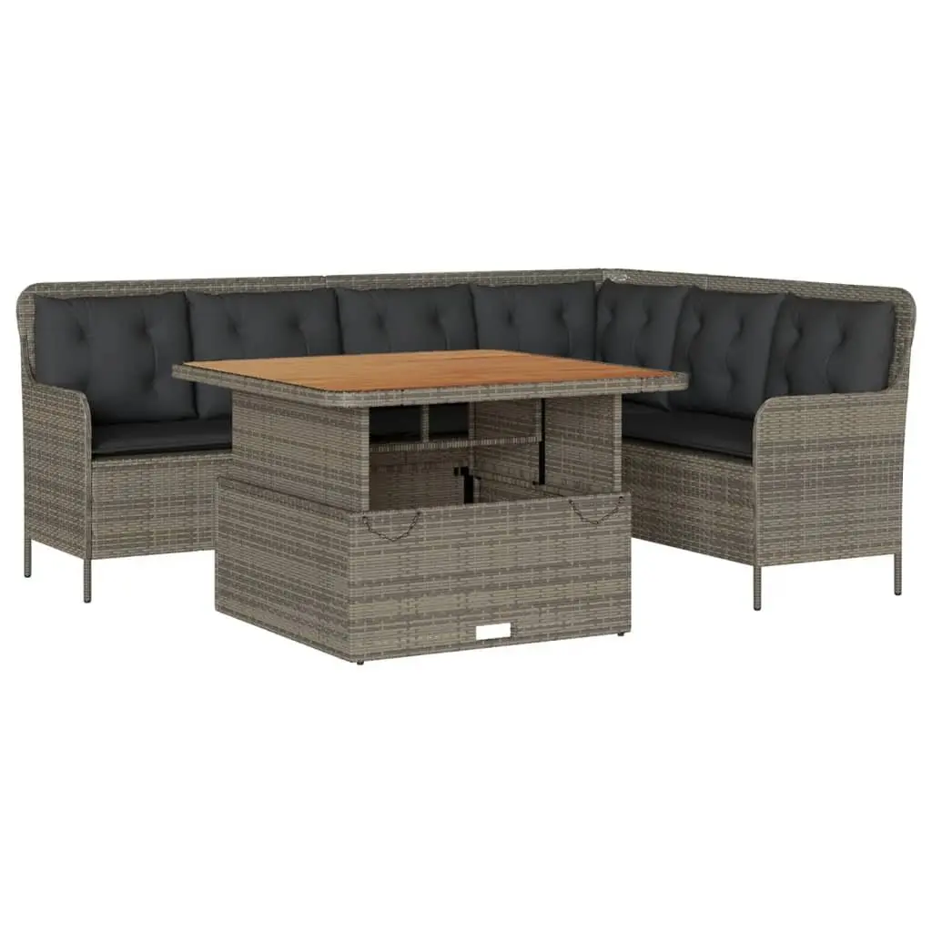 Outdoor Furniture Set 2 Piece Grey Poly Rattan Sofa with Cushions and Adjustable Acacia Wood Tabletop