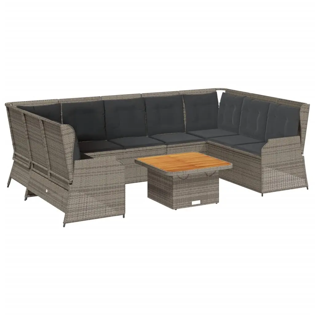 Garden Lounge Set 7 Pieces Grey Poly Rattan Outdoor Furniture with Adjustable Backrest Removable Cushion Covers and Acacia Wood Tabletop
