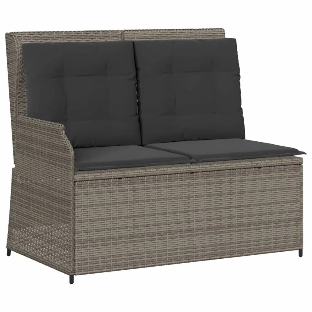 Garden Lounge Set 7 Pieces Grey Poly Rattan Outdoor Furniture with Adjustable Backrest Removable Cushion Covers and Acacia Wood Tabletop