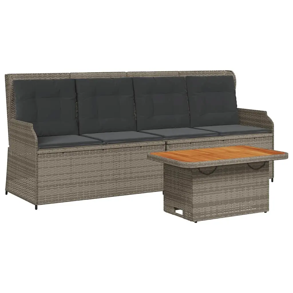 Garden Lounge Set 3 Piece Grey Adjustable Backrest Removable Cushion Covers PE Rattan Powder Coated Steel Frame Acacia Wood Table