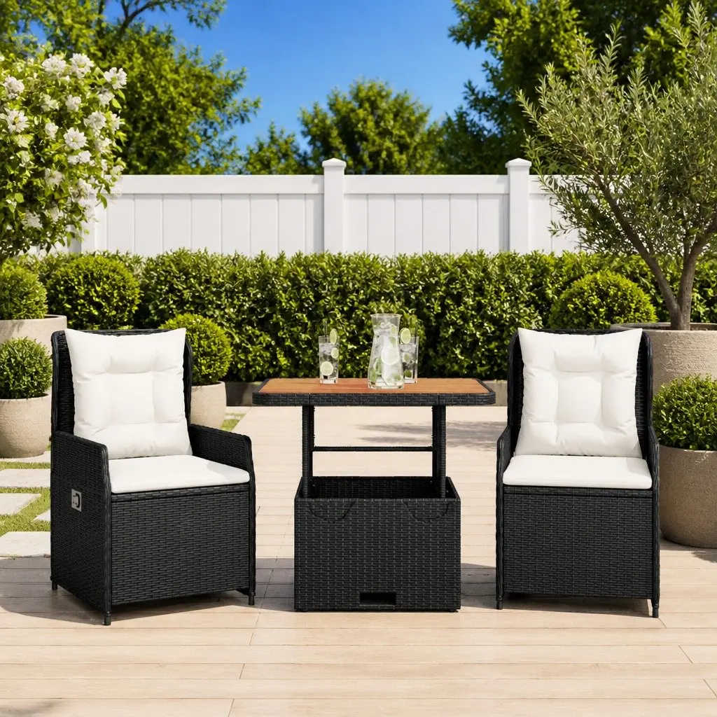 3 Piece Bistro Set Black PE Rattan with Adjustable Backrest Cushions and Convertible Tabletop