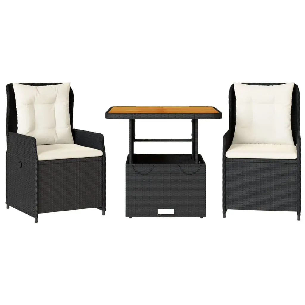 3 Piece Bistro Set Black PE Rattan with Adjustable Backrest Cushions and Convertible Tabletop
