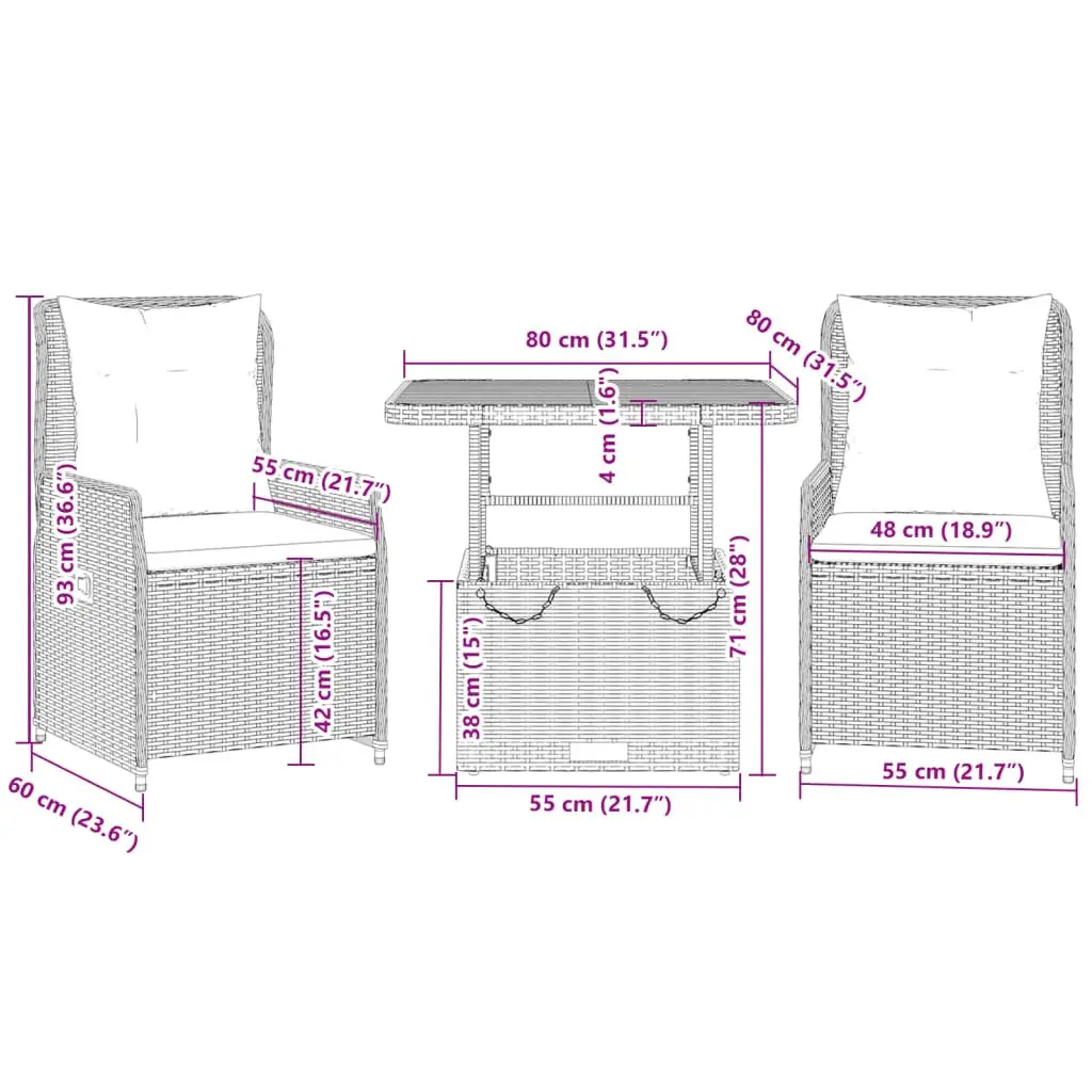 3 Piece Bistro Set Black PE Rattan with Adjustable Backrest Cushions and Convertible Tabletop