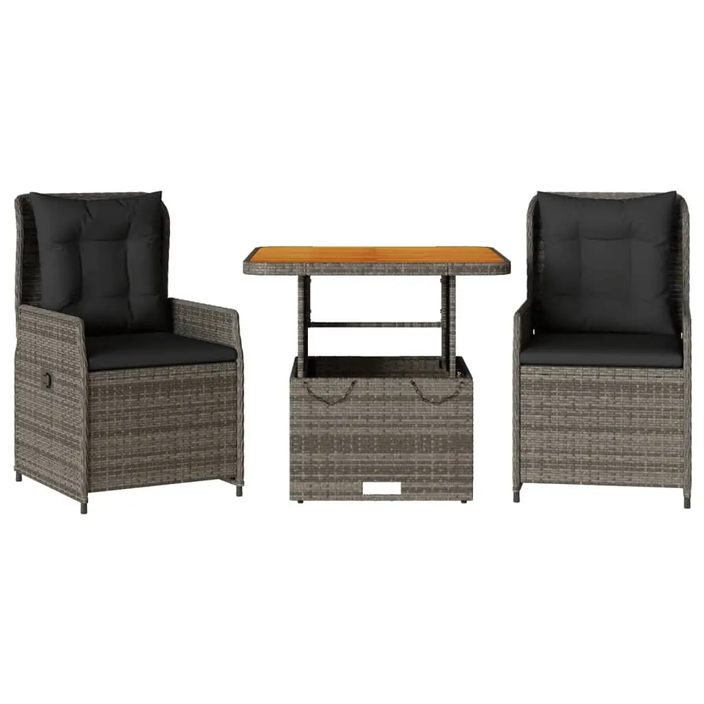 3 Piece Outdoor Bistro Set Grey Adjustable Backrest PE Rattan Garden Furniture