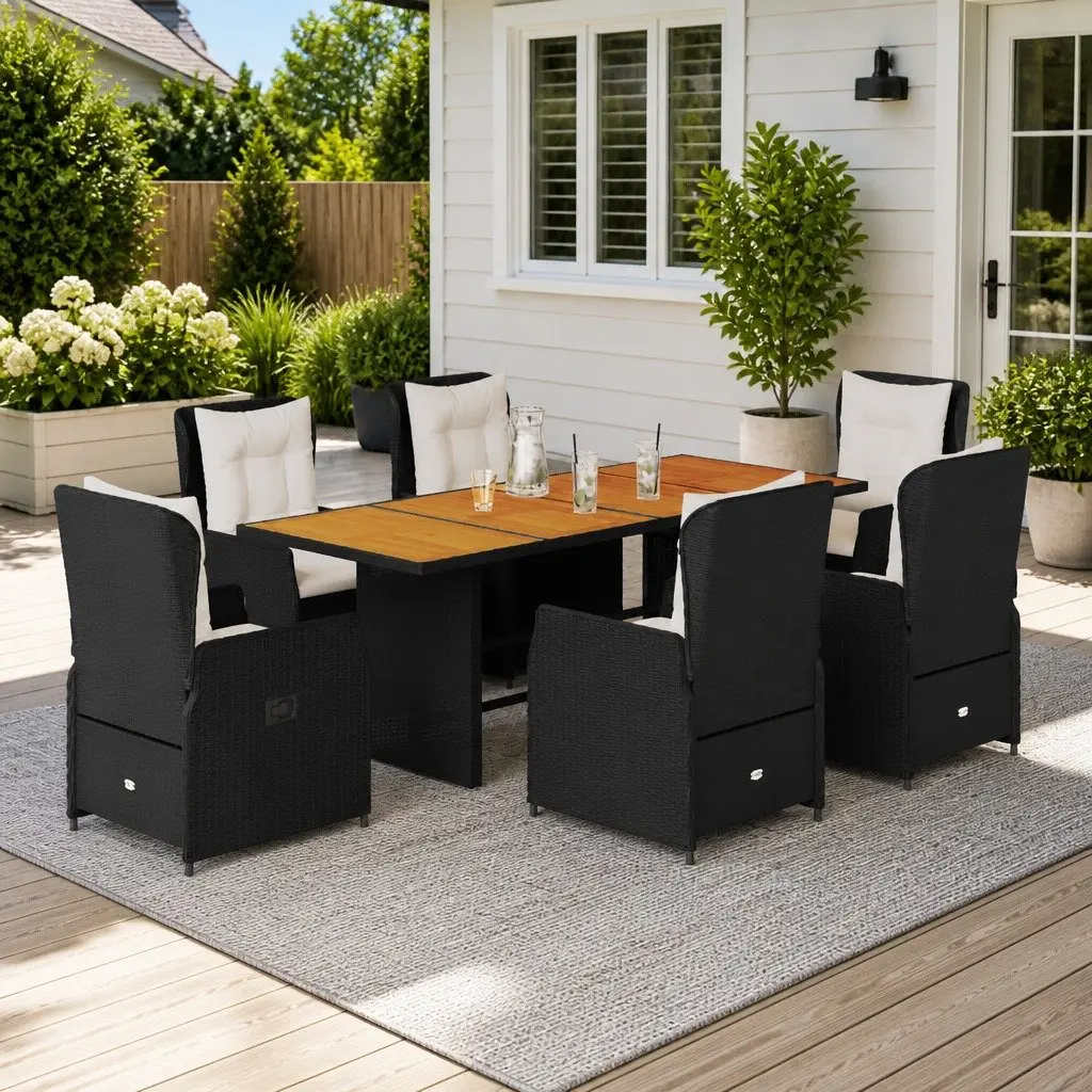 Garden Dining Set 7 Piece Black Poly Rattan with Adjustable Backrest Thick Cushions Acacia Wood Tabletop