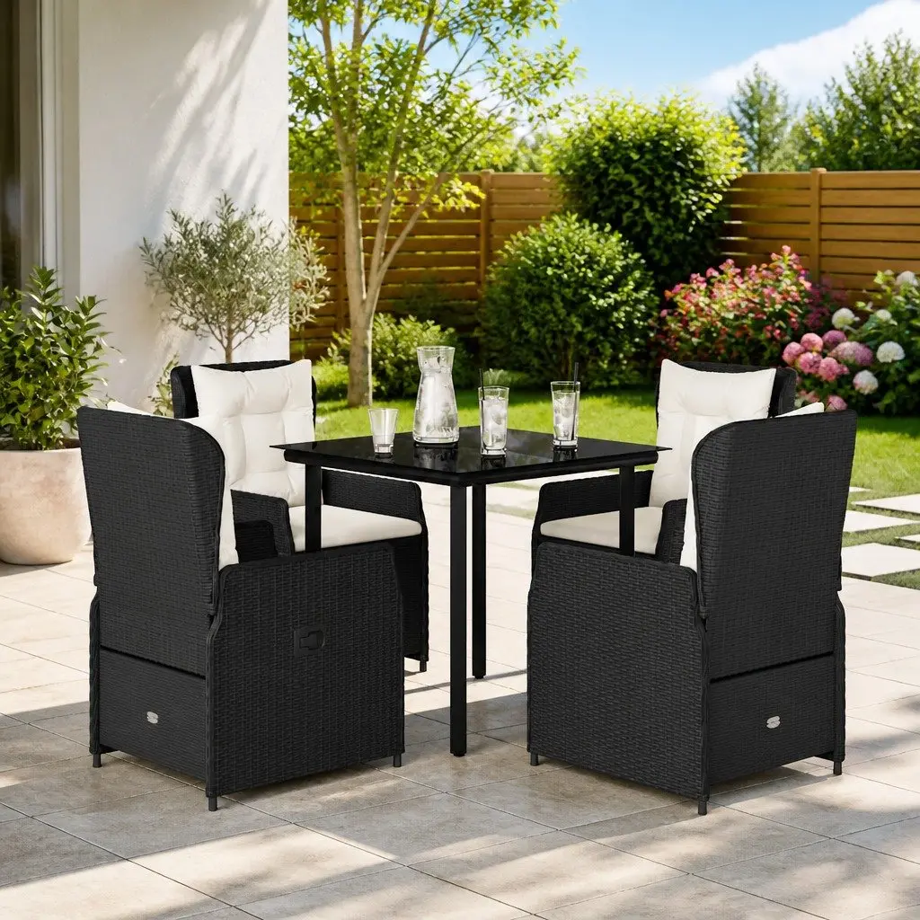Outdoor Dining Set 5 Piece with Cushions Adjustable Backrest PE Rattan and Tempered Glass Tabletop for Garden Patio Furniture