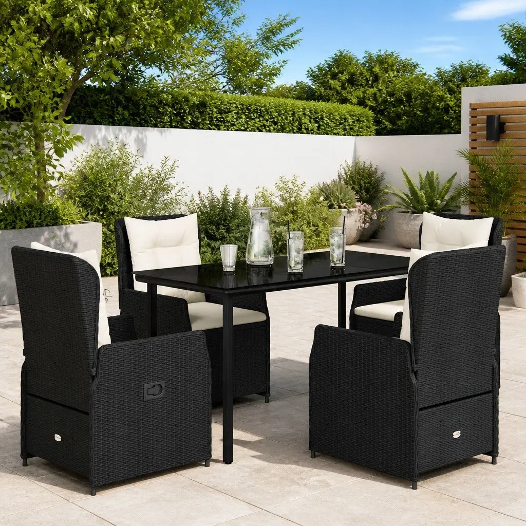 5 Piece Patio Dining Set Black PE Rattan Furniture Adjustable Backrest Cushioned Chairs