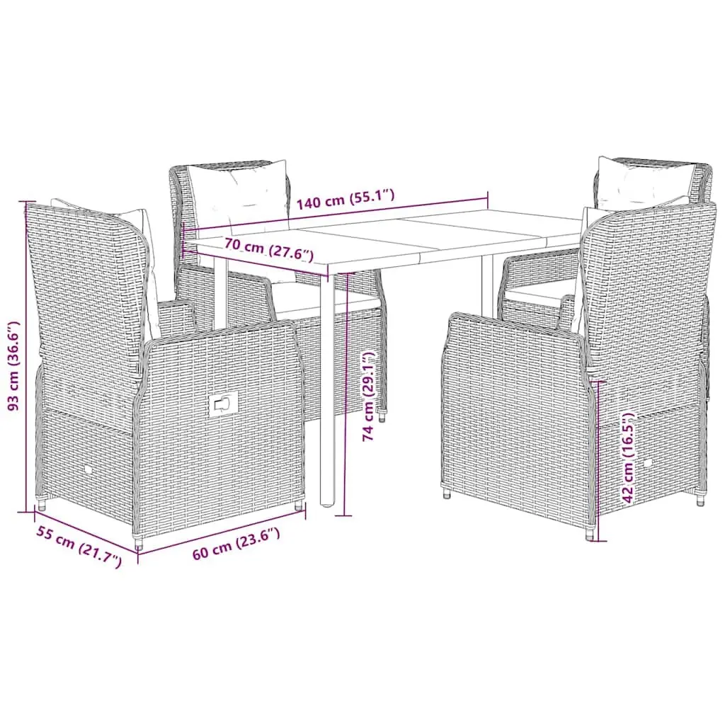 5 Piece Patio Dining Set Black PE Rattan Furniture Adjustable Backrest Cushioned Chairs