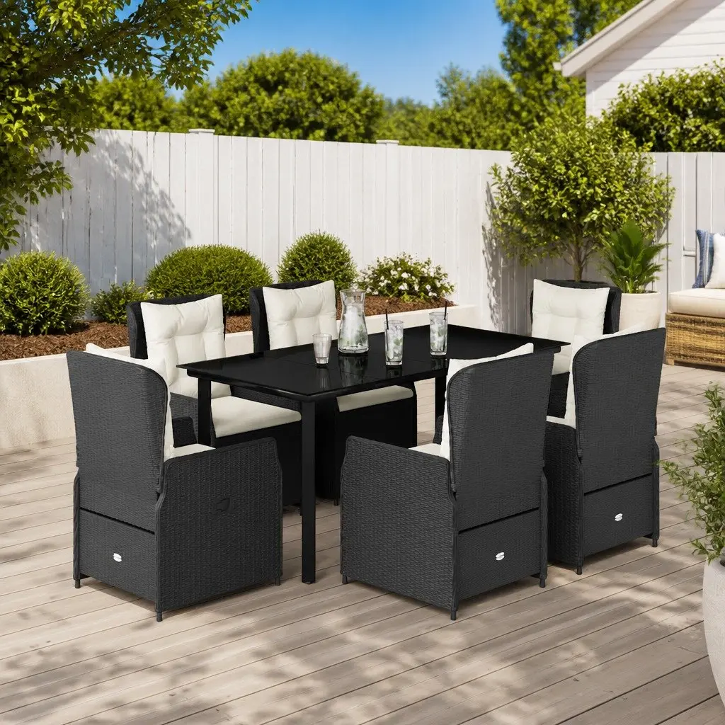 7 Piece Garden Dining Set Black Poly Rattan Outdoor Furniture with Cushions Adjustable Backrest Tempered Glass Tabletop