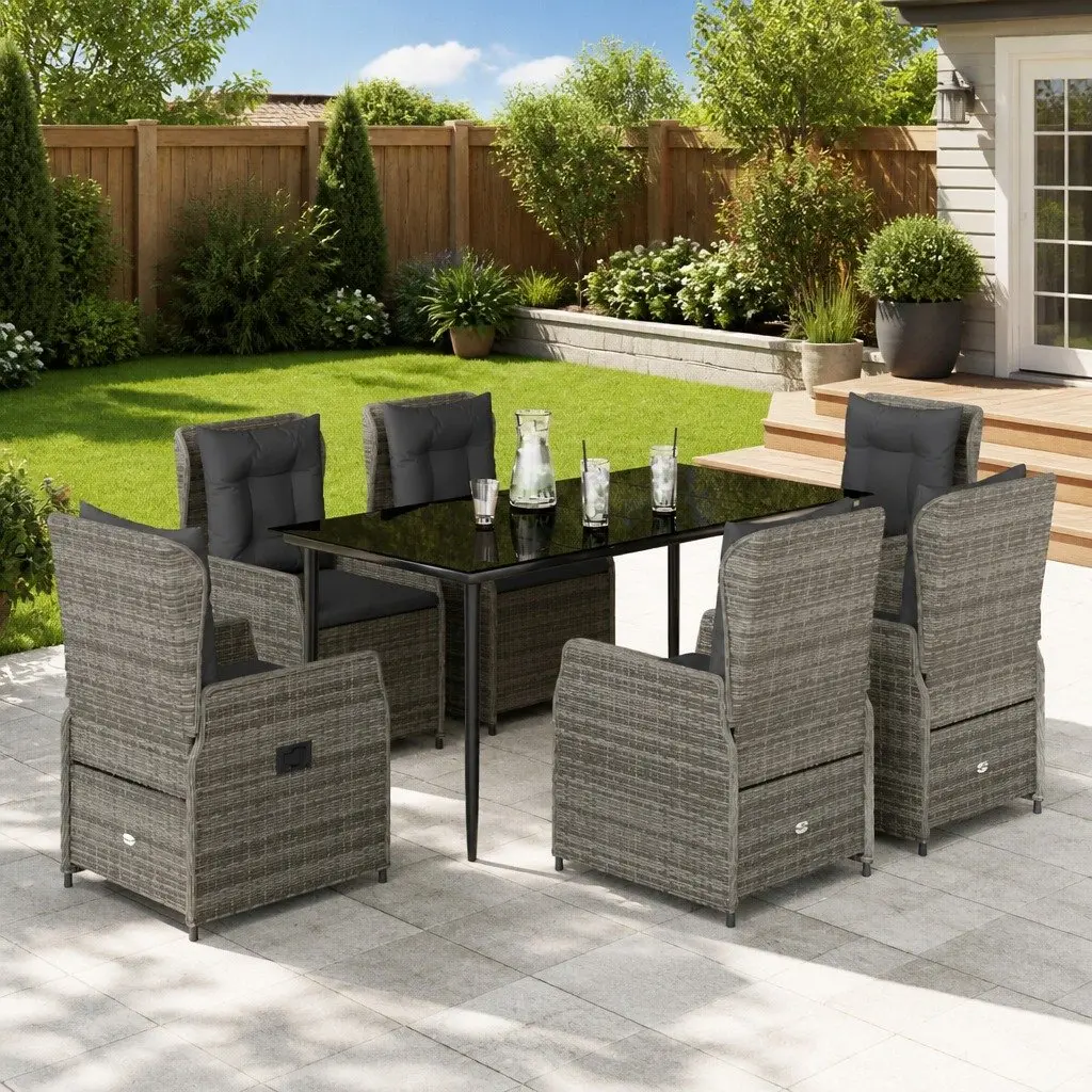 Garden Dining Set 7 Piece Outdoor Furniture Rattan Chairs Table with Cushions Adjustable Backrest Tempered Glass Top