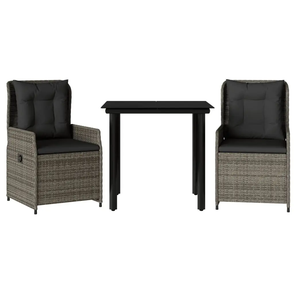 Garden Dining Set 3 Piece Grey Poly Rattan Cushions Adjustable Backrest Outdoor Furniture