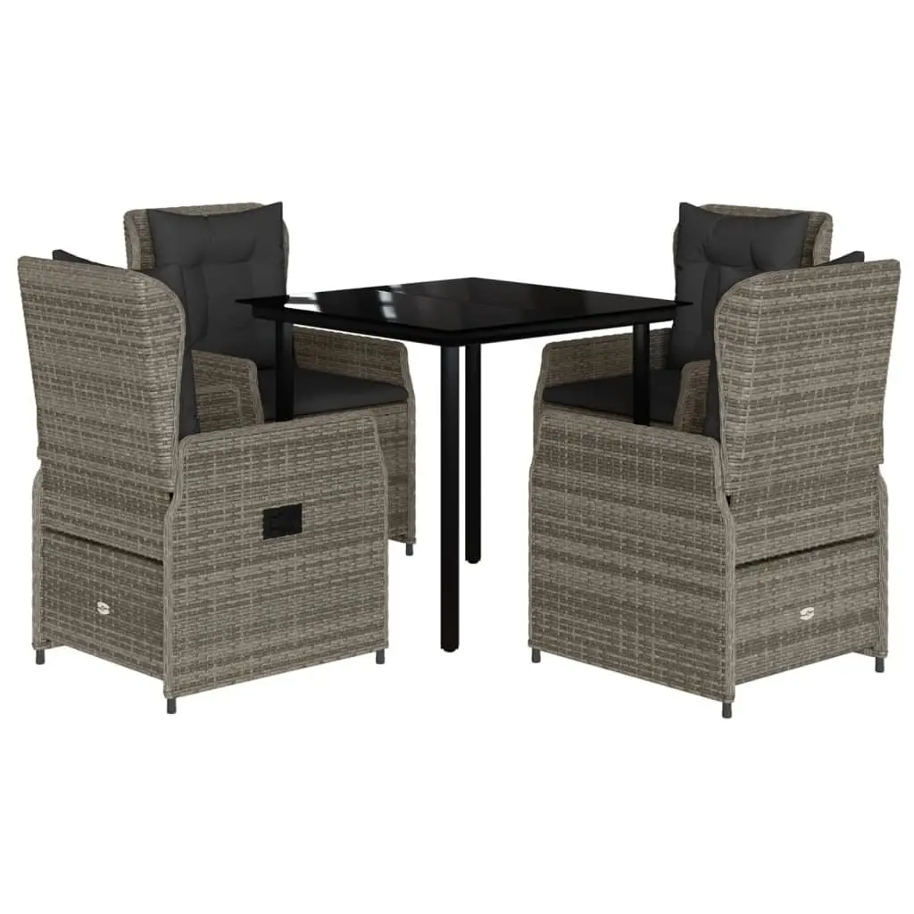 Garden Dining Set 5 Piece Grey Outdoor Furniture Adjustable Backrest Cushions Tempered Glass Table