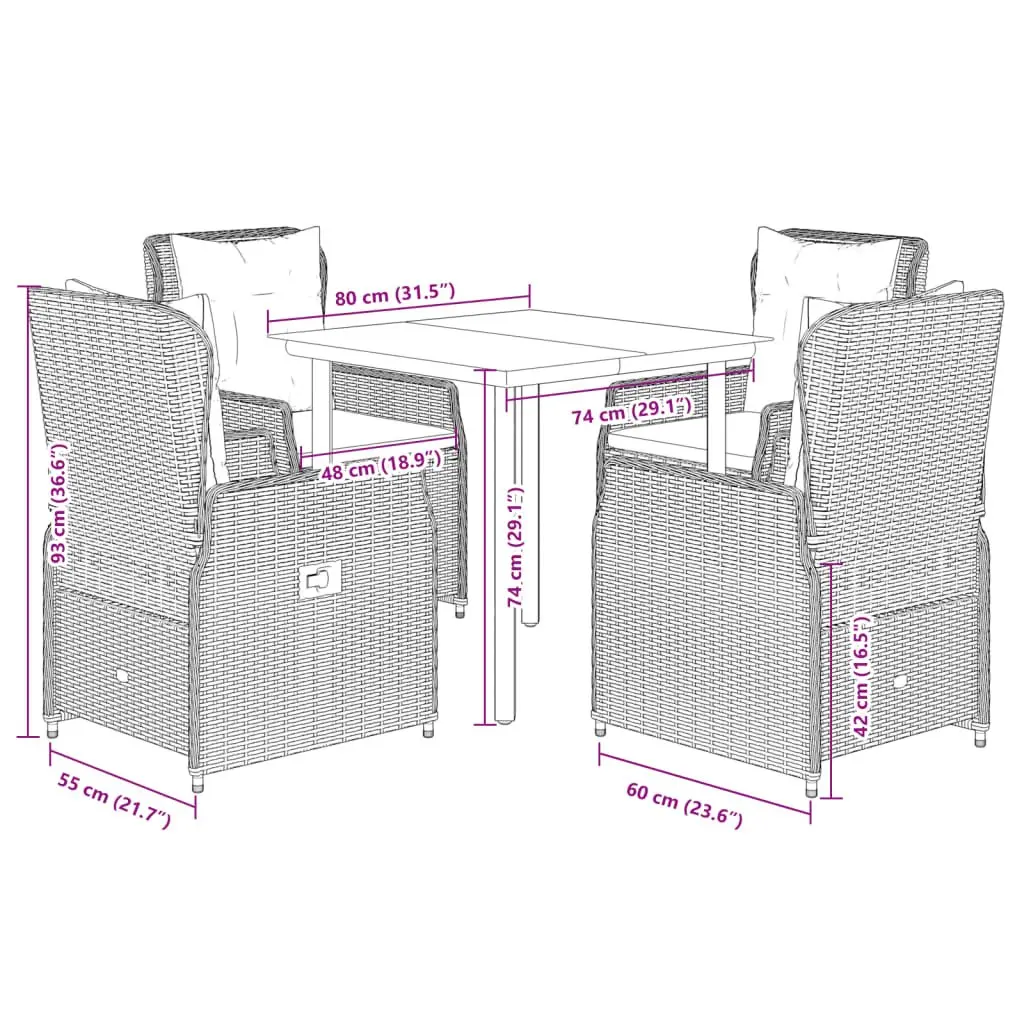 Garden Dining Set 5 Piece Grey Outdoor Furniture Adjustable Backrest Cushions Tempered Glass Table