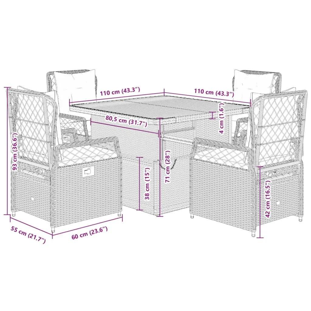 5 Piece Garden Dining Set Black PE Rattan Chairs Adjustable Table Outdoor Patio Furniture