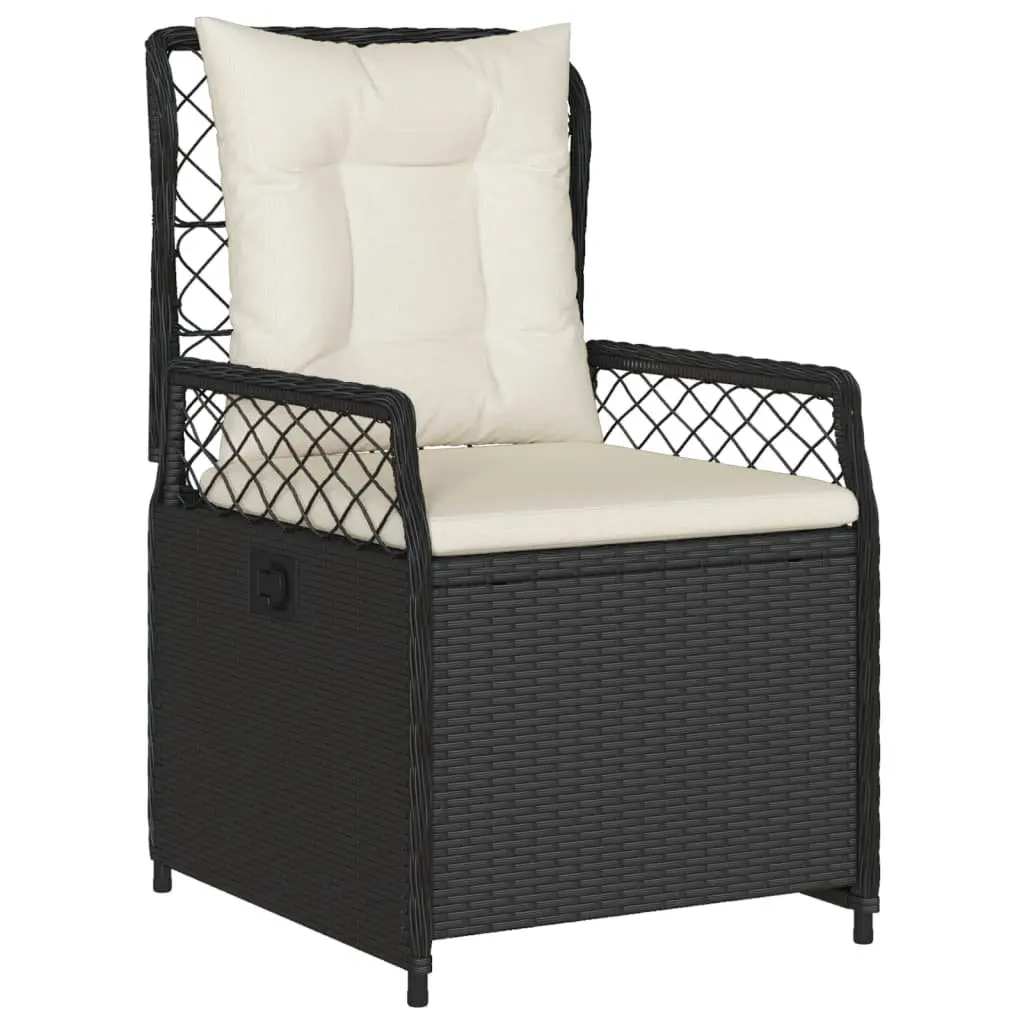 7 Piece Outdoor Dining Set Black Poly Rattan Adjustable Backrest Cushions Acacia Wood Table
