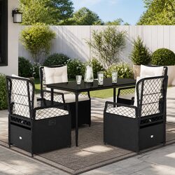 5 Piece Garden Dining Set Black Poly Rattan Outdoor Furniture Patio Table Chairs