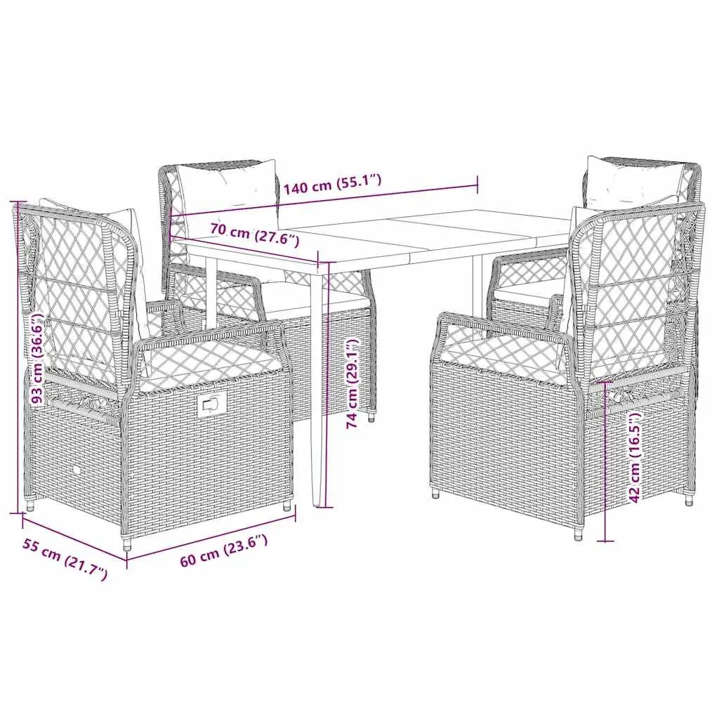 5 Piece Garden Dining Set Black Poly Rattan Outdoor Furniture Adjustable Backrest Tempered Glass Table Padded Cushions