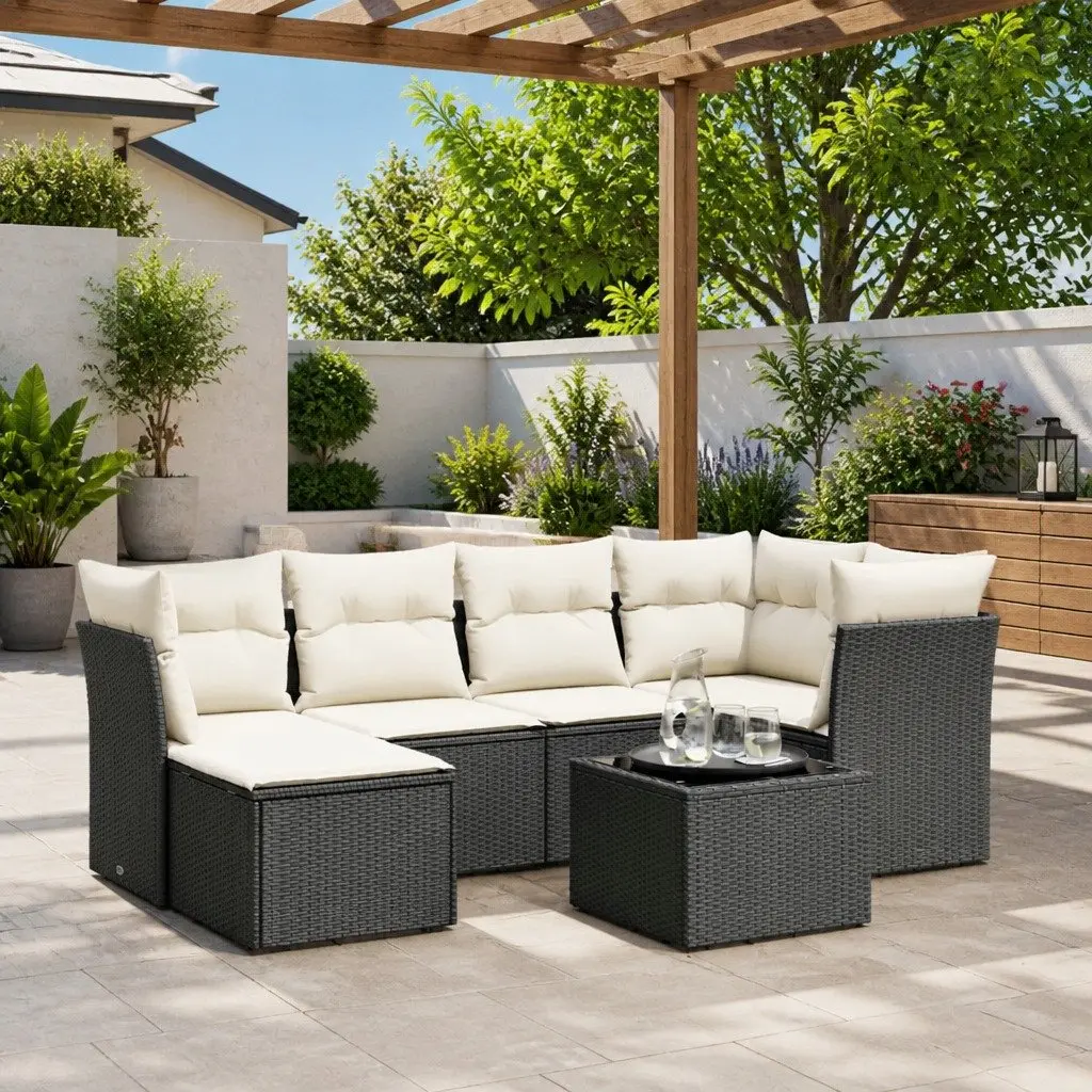 7 Piece Garden Sofa Set Outdoor Furniture Black Poly Rattan with Glass Top