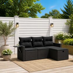 4 Piece Outdoor Garden Sofa Set with Cushions Black Poly Rattan Modular