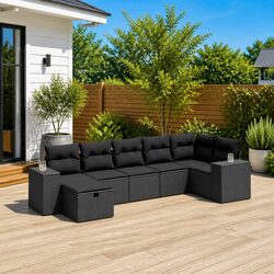 7 Piece Garden Sofa Set Outdoor Patio Furniture Black Poly Rattan with Cushions