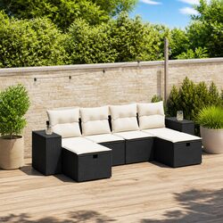 6 Piece Garden Sofa Set Outdoor Patio Furniture with Cushions Black Poly Rattan