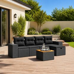 Garden Sofa Set 6 Piece Outdoor Furniture Patio Black Poly Rattan Modular