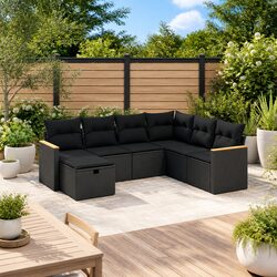 7 Piece Garden Sofa Set Outdoor Furniture Black Poly Rattan with Cushions Patio