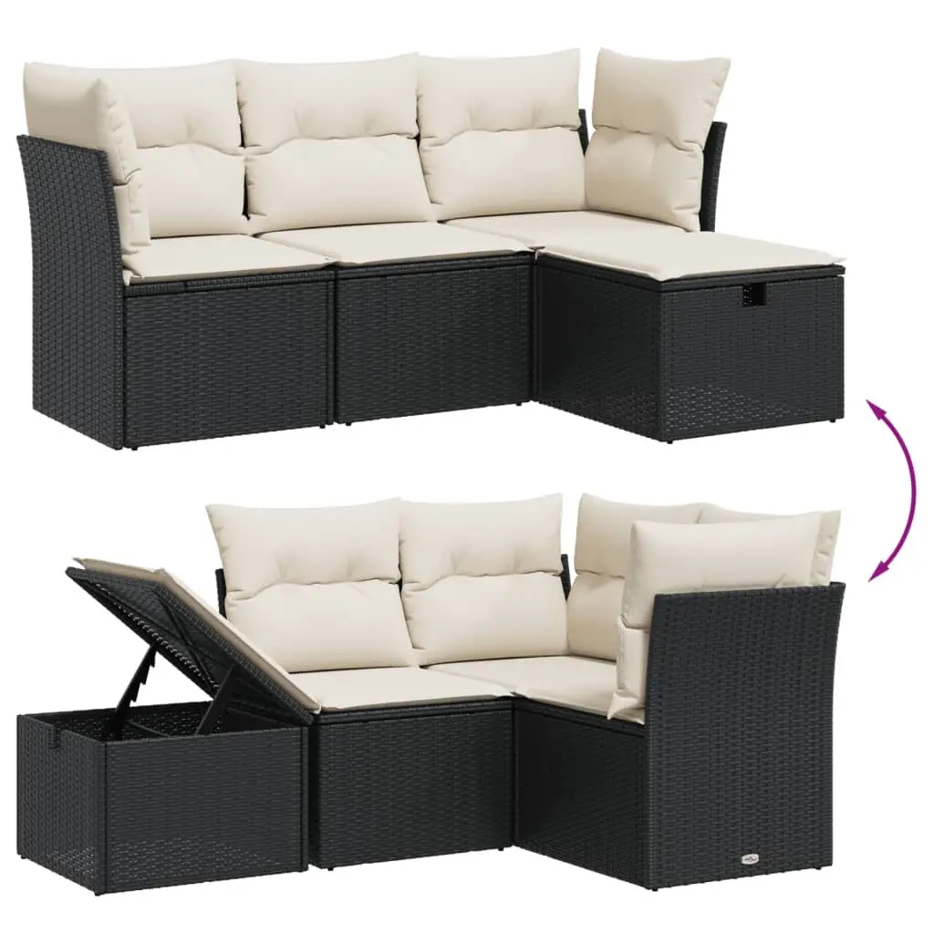 4 Piece Outdoor Garden Sofa Set Black Poly Rattan Patio Furniture with Cushions