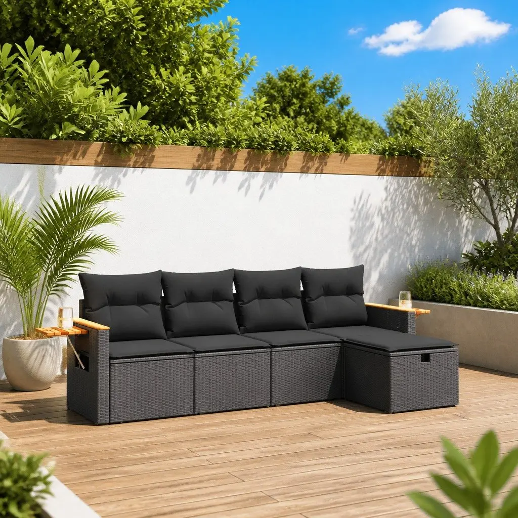 5 Piece Garden Sofa Set Black PE Rattan Cushions Outdoor Furniture Patio Seating