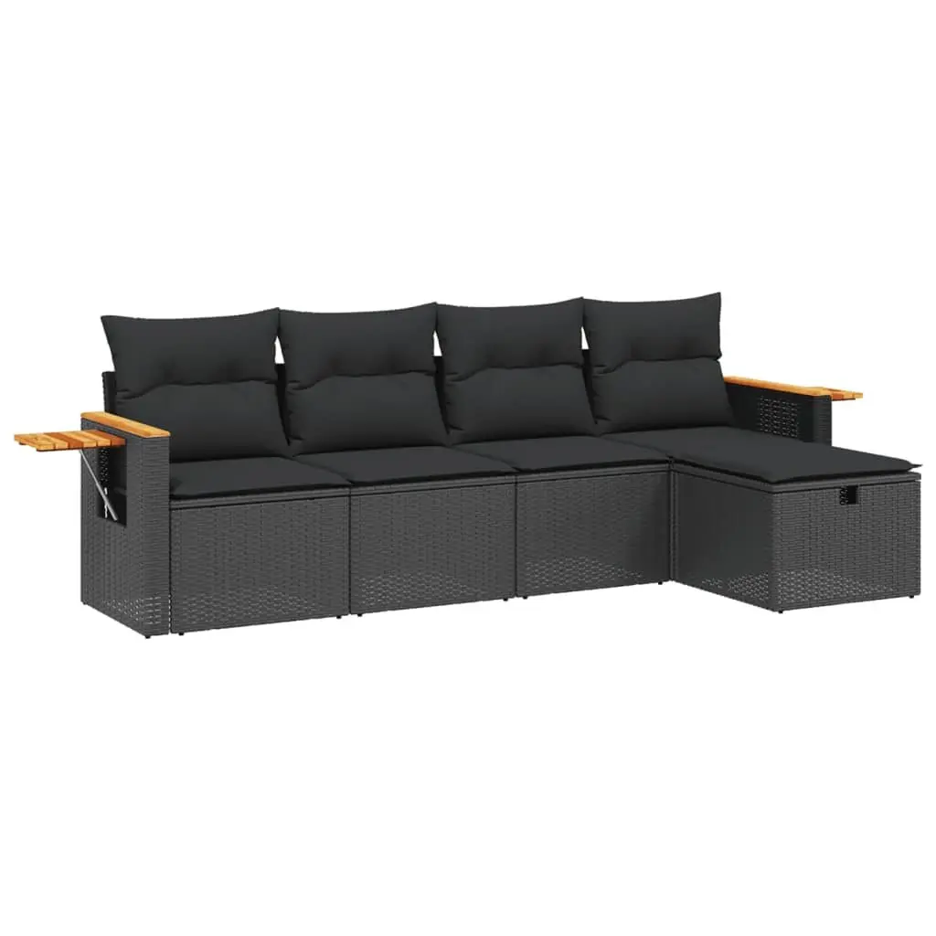 5 Piece Garden Sofa Set Black PE Rattan Cushions Outdoor Furniture Patio Seating