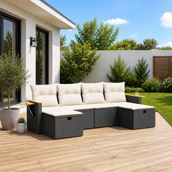 Outdoor 6-Piece Sofa Set in Black Poly Rattan with Cushions