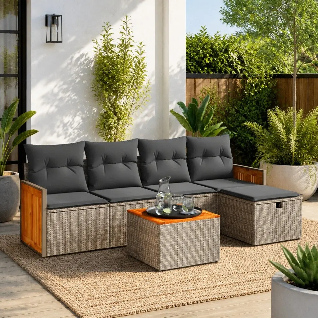 6 Piece Garden Sofa Set Outdoor Furniture Patio Lounge Sectional with Cushions Grey PE Rattan Acacia Wood Tabletop Powder-coated Steel Frame