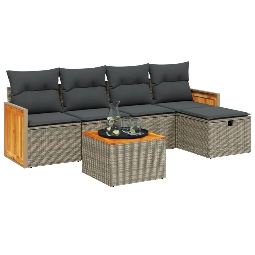 6 Piece Garden Sofa Set Outdoor Furniture Patio Lounge Sectional with Cushions Grey PE Rattan Acacia Wood Tabletop Powder-coated Steel Frame
