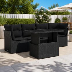 Comfortable 5-Piece Black Rattan Garden Sofa Set with Cushions