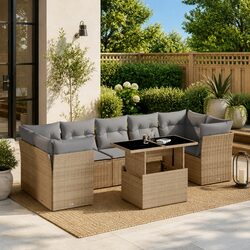 Garden Sofa Set 8 Piece Outdoor Furniture Beige Poly Rattan Patio Seating with