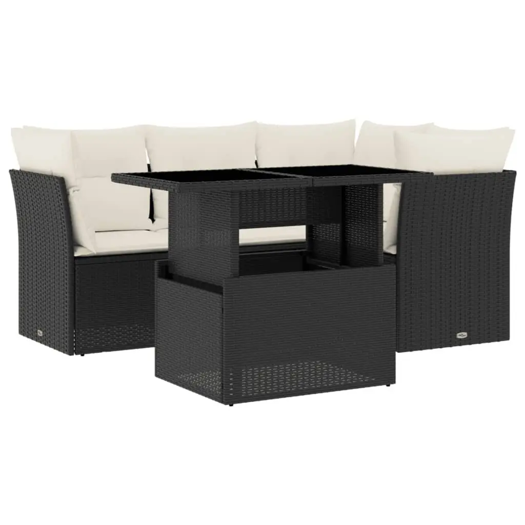 Garden Sofa Set 5 Piece Black Poly Rattan Outdoor Furniture with Adjustable Table and Thick Cushions