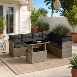 7 Piece Garden Sofa Set Outdoor Furniture Grey Poly Rattan with Cushions Patio