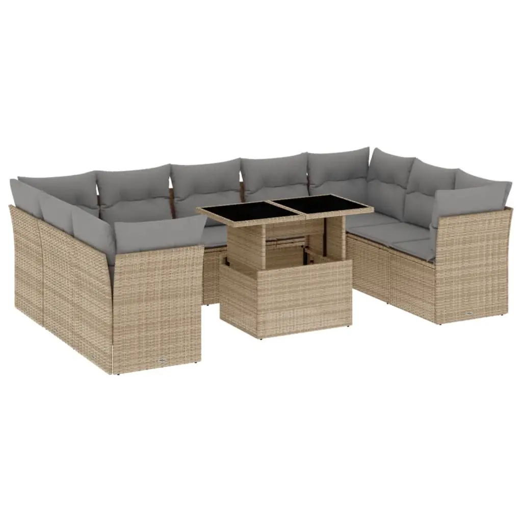 Garden Sofa Set 10 Piece Beige Poly Rattan Outdoor Furniture with Cushions