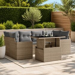 7 Piece Outdoor Garden Sofa Set with Adjustable Dining Table Beige Cushions